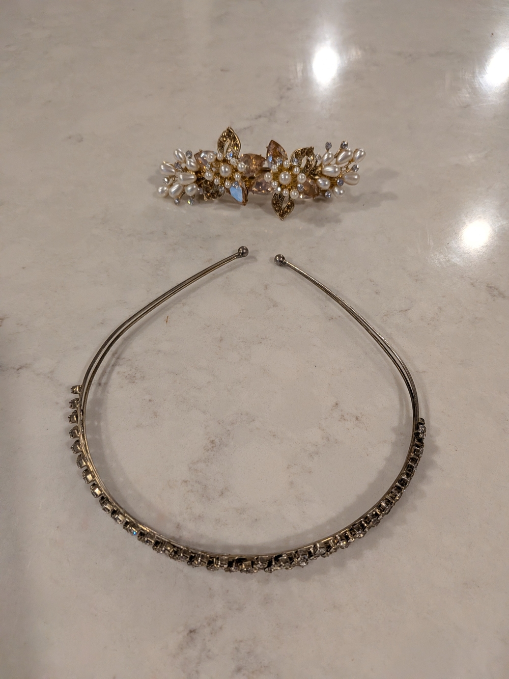 Elegant Gold and Pearl Floral Hair Clip and Silver Crystal Headband Set
